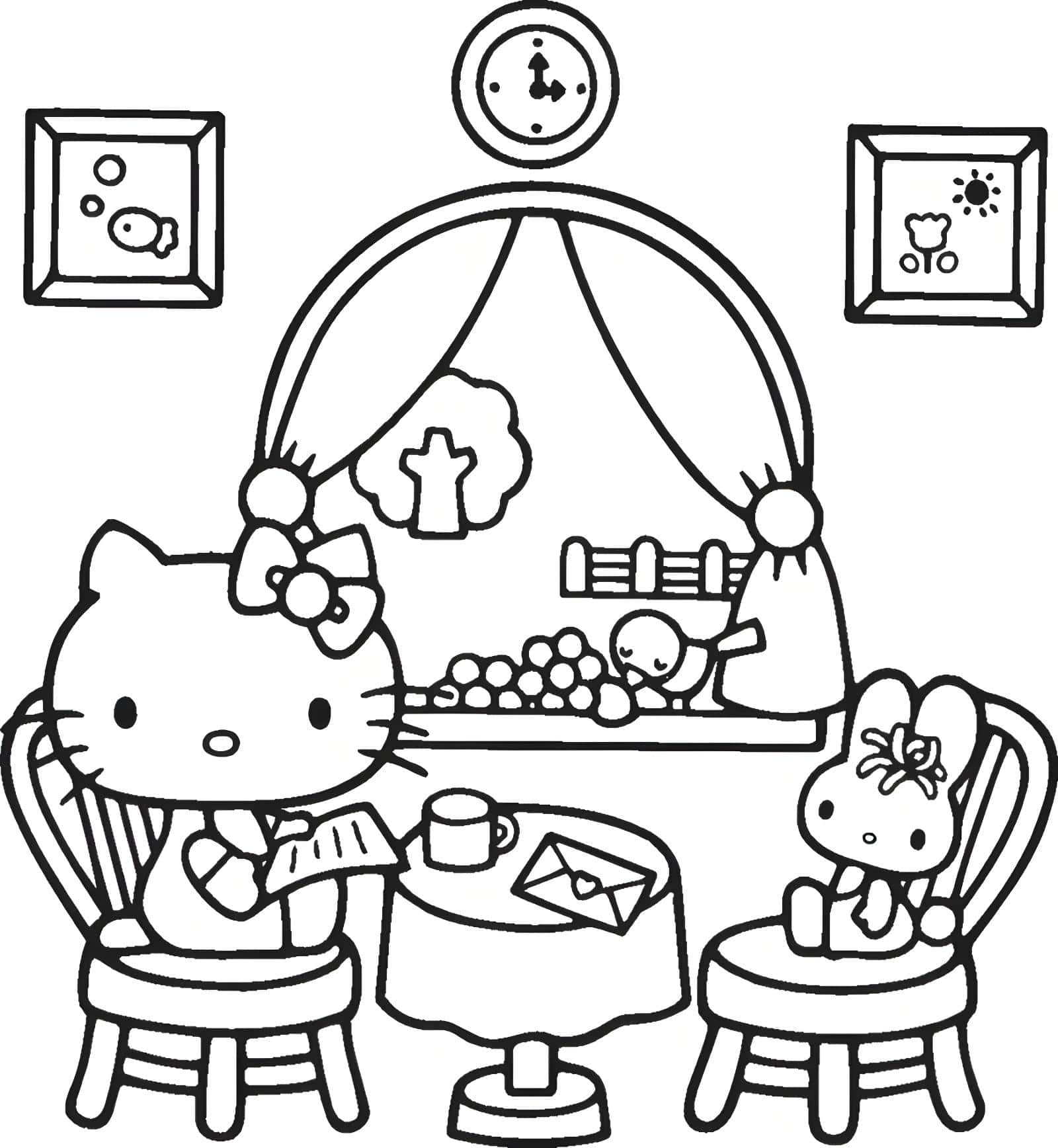 Dibujo para colorear de Dibujo De Hello Kitty Tomando Te Para Colorear