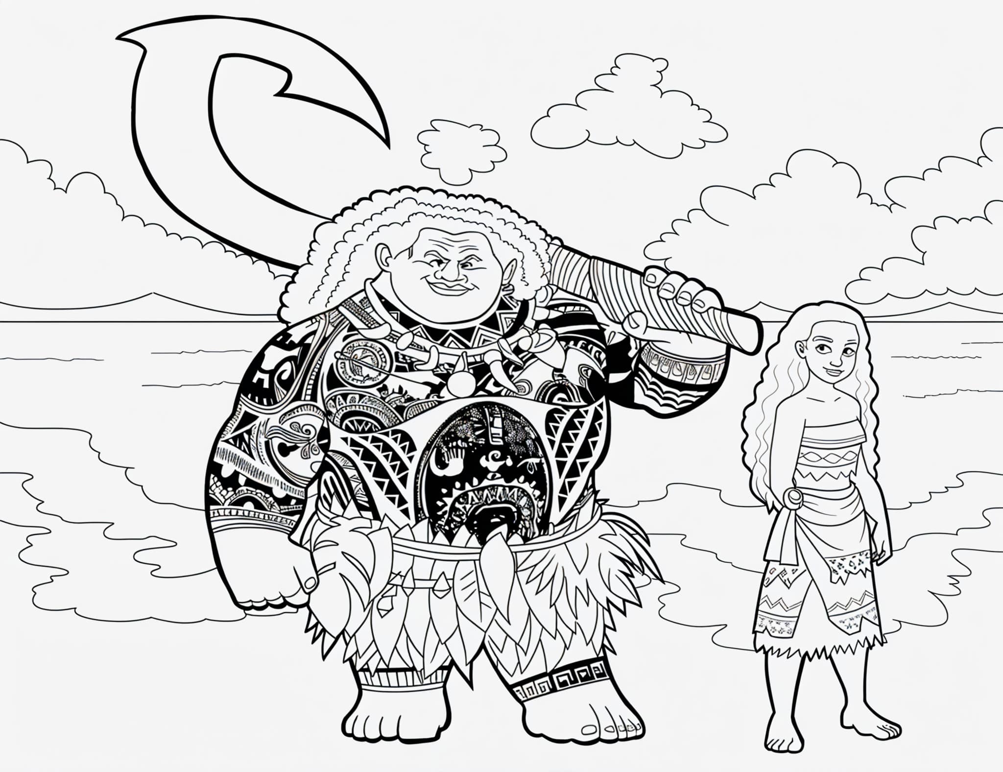 Dibujo para colorear de Dibujo De Máui Y Vaiana En La Playa Para Colorear