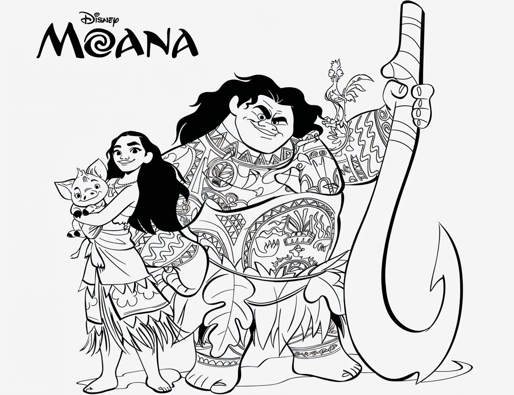 Dibujo para colorear de Dibujo De Vaiana Y Maui Con Pua Y Heihei Para Colorear
