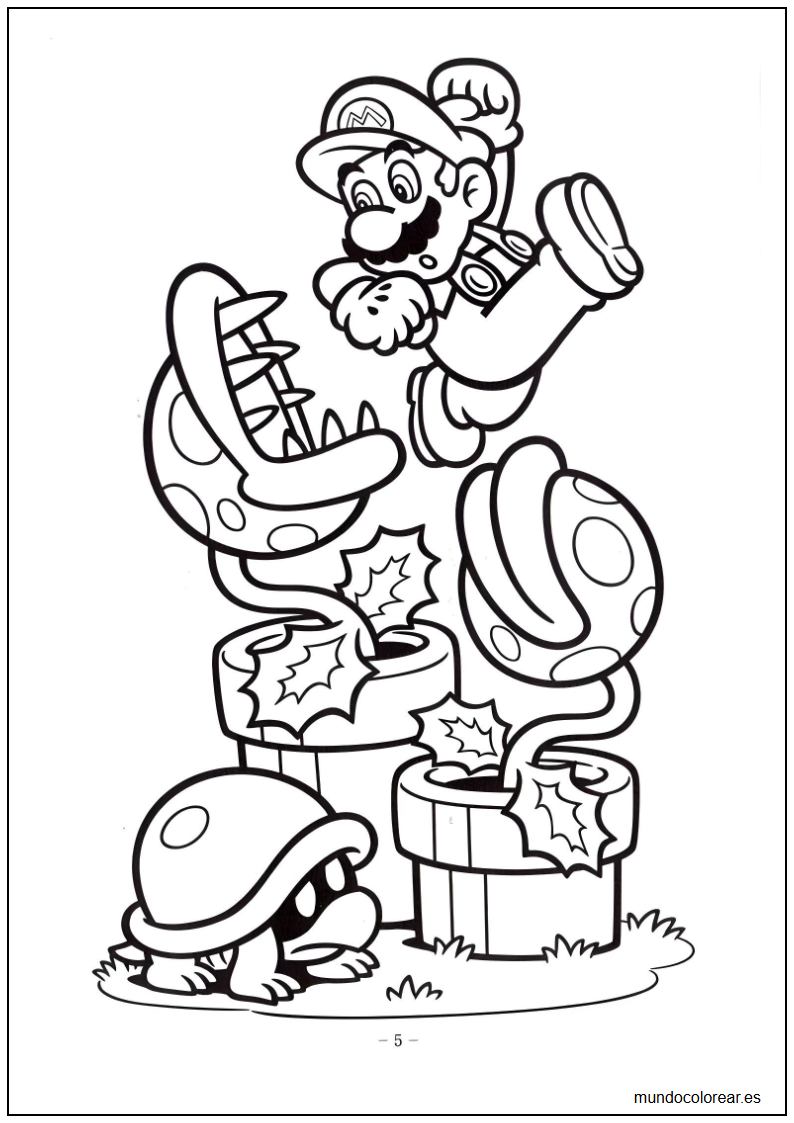 dibujo de Mario con plantas piraña para colorear