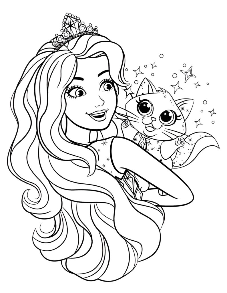 Dibujo de Dibujo De Barbie Princesa Con Gato Para Colorear para colorear